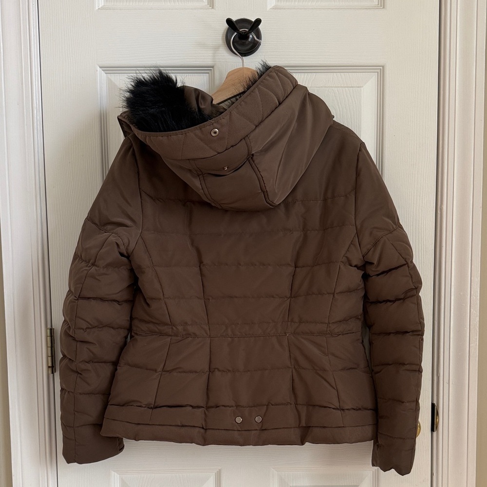 Zara Basic Tan Puffer Jacket With Black Faux Fur - image 3
